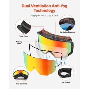 Occhiali da Sci Revo con Rivestimento Arancione, Lente Cilindrica OTG, Antiappannamento, per Uomini, Donne e Giovani, Montatura in TPU, Ventilazione, Compatibili con Casco - Product Image 4
