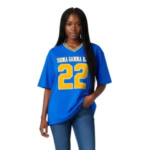 T-shirt de football en chenille bleu roi surdimensionné Sigma Gamma Rho, unisexe, vêtements de sororité grecque, style athlétique premium, décontracté - Product Image 1