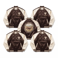 Blouson Bomber en Satin Personnalisé pour Fournisseur en Gros, Vert Forêt Beige, Broderie Sanglier, Veste de Baseball Sukajan, Vêtement d'extérieur