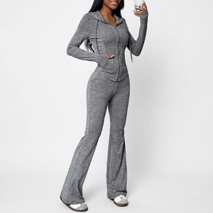 Women's Gray 2 Piece <b>Yoga</b> Set Full Length Leg Zipper Hoodie <b>Sweatshirt</b> Pants Solid Color Breathable Spandex Cotton - Product Image 4