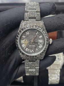 Montre mécanique de luxe style Hip Hop, sportive, avec cadran à chiffres romains incrusté de strass noirs, affichage de la date, moissanite, bracelet de 16 mm - Product Image 6