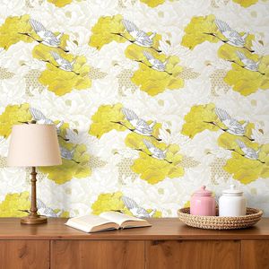 Papel Tapiz Vintage con Diseño Floral y de Aves, 17.5x120 Pulgadas, Papel Tapiz Autoadhesivo Traditi Crane en Blanco y Amarillo para Baño y Dormitorio - Product Image 2