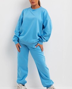 Conjunto Deportivo Azul Sólido para Mujer, Talla Grande, Cuello Redondo, Manga Larga, Corte Holgado, Informal, Pantalones Deportivos, Otoño, 100% Algodón, Peso Medio - Product Image 4