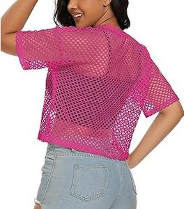 Women's Transparent Mesh Base Short Sleeve Pink Color Loose Crop T-Shirt Autumn Outerwear Cropped Casual Tank <b>Top</b> Mesh T Shirts - Product Image 6