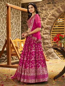 Bollywood <b>Bride</b> Floor-Length A-Line Wedding <b>Gown</b> Faux Georgette Embroidered Lehenga Set Sleeveless Dupatta Party Outfit - Product Image 4