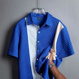 OEM 2026 Men's Color Block <b>Patchwork</b> Cable Knit Short Sleeve <b>Shirt</b> Lapel Collar Button Down Textured Casual Summer <b>Shirts</b> - Product Image 4