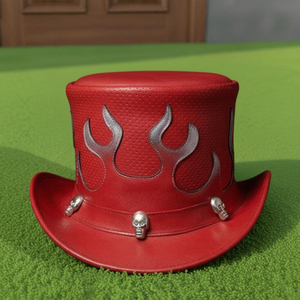 Premium quality custom made Handmade <b>Red</b> Leather Flame <b>Top</b> <b>Hat</b> Gothic Steampunk Skull Cosplay Festival Accessory - Product Image 3