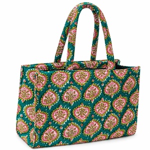 Teal for Floral Pattern Cotton <b>Tote</b> Bag <b>Zipper</b> Closure Bohemian Style Large Capacity Fashion All Seasons - Product Image 1