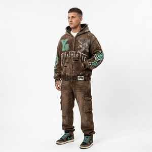 Winter Acid Wash Streetwear Heavyweight Regular Fit Zipper <b>Hoodie</b> No <b>String</b> Vintage Wash Double Layer Cotton <b>Hoodie</b> - Product Image 1