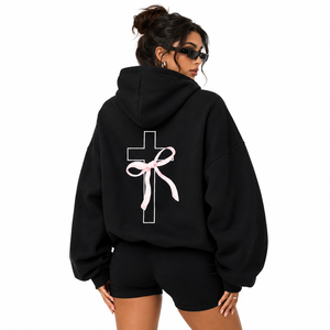 Streetwear Women Hoodies Black Pink Bow Cross <b>Back</b> Graphic Oversized Cotton Fleece <b>Drop</b> Shoulder Autumn Winter Bulk Manufacturer - Product Image 1
