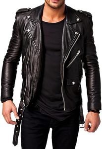 Men's Original Leather Moto <b>Jacket</b> Slim Fit Zipper Closure Turn-down Collar Regular Length Solid Color Biker Style Autumn Wear - Product Image 3