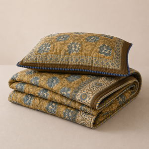 Vintage Floral Block Print Cotton Comforter Set – Brown Blue Handcrafted Quilted <b>Bedding</b> Collection Floral Printed Cotton Quilt - Product Image 2