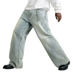 Jean large pour homme en denim délavé, coupe ample, taille haute, style streetwear, tissu coton automne - Product Image 2