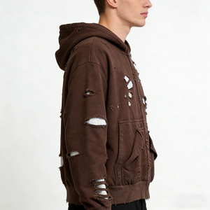 Sudadera con capucha y cremallera para hombre, marrón, desgastada, estilo oversize, de algodón French Terry, manga regular, estilo streetwear. - Product Image 4