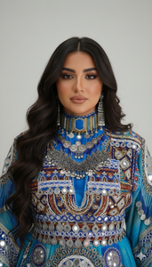 Impresionante Vestido Afgano Kuchi Nómada Azul Celeste con Extensos Detalles de Espejos Plateados y Perlas Intrincadas, Talla Grande - Product Image 3