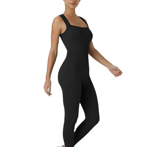 Mono de punto sin mangas de cintura alta para mujer, cuello cuadrado, ajuste ceñido, control de abdomen, moldeador, para todas las estaciones, negro liso - Product Image 1