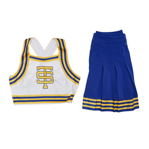 Ensemble d'uniformes de cheerleading bleu et jaune avec haut blanc et jupe plissée pour adultes - Product Image 4