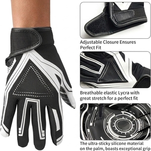Gants de football américain personnalisés OEM pour receveur, à doigts complets, en cuir synthétique respirant, avec fermeture auto-agrippante et grip adhérent, unisexe - Product Image 3