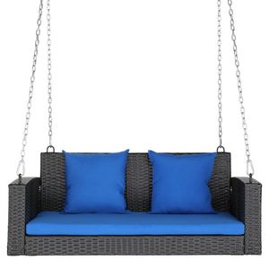 Sedia a dondolo in rattan nero da 49 pollici con cuscino blu, resistente sedia a dondolo da patio in rattan - Telaio non incluso - Product Image 1