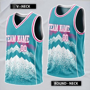 Uniforme de basket-ball personnalisé par sublimation, design montagne bleu sarcelle rose blanc, nom et numéro d'équipe personnalisés, unisexe adulte et junior, anti-humidité - Product Image 3
