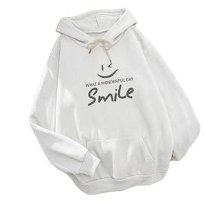 Sweat-shirt à capuche blanc pour femme avec imprimé sourire, pull décontracté, poche avant, coton tricoté, vêtement d'automne - Product Image 1
