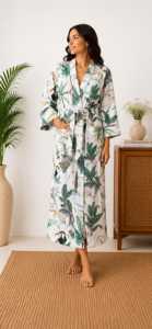 Bata Kimono 100% Algodón con Estampado Animal, Estampado a Bloques, Transpirable, Suave, para Todas las Estaciones, Ropa de Dormir de Verano - Product Image 5