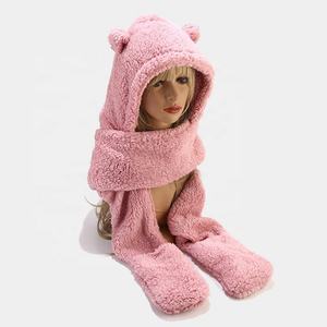 Winter Faux Fur Bear Hood <b>Hat</b> <b>Set</b> with Earflap Neck Warmer <b>Scarf</b> <b>and</b> Gloves for Adults Digital Printing Travel - Product Image 2