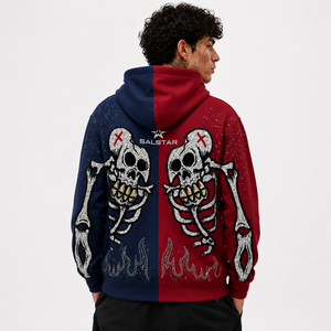 Custom Blue Red <b>Skeleton</b> <b>Hoodie</b> Men's Gothic Rhinestone Embroidered <b>Zip</b> <b>Up</b> Hooded Sweatshirt Streetwear Fashion - Product Image 3