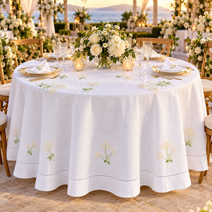 Botanical Wildflower Embroidered Cotton Round Tablecloth Elegant Hemstitch <b>Table</b> <b>Cover</b> for Wedding Banquet & Garden Party - Product Image 1
