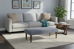 Otomana Tradicional Tapizada en Algodón 100% Ecológico, Hecha a Mano, Azul, para Sala de Estar, Entrada, Dormitorio, Apartamento, para Todas las Estaciones - Product Image 5