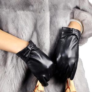 Women's Leather fashion <b>Gloves</b> With Bow Black - Product Image 2