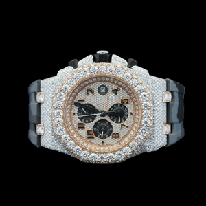Two Tone Luxury <b>Man's</b> <b>Wrist</b> <b>Watch</b> Half Iced Moissanite Diamond Gray Black Rubber Strap MultiFunctional Dial Mechanical <b>Watches</b> - Product Image 2
