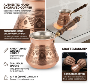 Cafetera Turca de Cobre con Patrón de Encaje Triangular Grabado en Fábrica, Cezve Bulbosa Griega Briki con Mango Ergonómico de Madera - Proveedor - Product Image 2