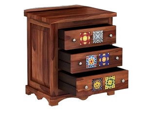 Commode à 3 tiroirs en bois massif avec incrustation de carreaux de céramique |   Table de chevet traditionnelle |   Meubles de maison en gros - Product Image 3