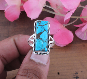 925 Sterling <b>Silver</b> Natural Blue Copper Amethyst Women's Classic Long Rectangle Matrix Stone Twisted Rope Border <b>Statement</b> <b>Ring</b> - Product Image 4