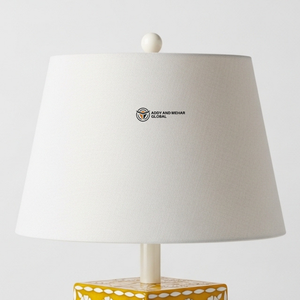 Yellow Bone Inlay <b>Bedside</b> Lamp | Elegant Round Base <b>Table</b> Lamp with Neutral Shade - Product Image 4