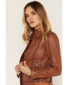 Chaqueta de cuero marrón para mujer, estilo motociclista, ajustada, suave, con cremallera, de cuero genuino, a la moda, al por mayor - Product Image 3