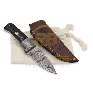Cuchillo de Caza de Hoja Fija de Acero de Damasco, Punta Caída, Borde Recto, Mango de Madera, Funda de Cuero, Cuchillo para Acampar al Aire Libre - Product Image 1