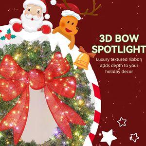 Guirlande de Noël pré-éclairée de 48 pouces avec nœud rouge 3D, 11 modes d'éclairage, télécommandée, pour porte d'entrée, guirlandes et couronnes de Noël - Product Image 6