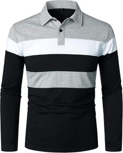 Polo à manches longues pour homme, à blocs de couleur et rayures, en tricot, design décontracté, coupe classique, noir, blanc, gris - Product Image 1