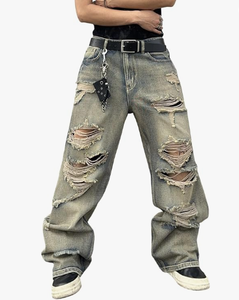 Pantalones Vaqueros Anchos para Hombre, Estilo Desgastado, Corte Holgado, Cintura Alta, Rotos, Estilo Urbano, de Algodón, para Otoño - Product Image 6