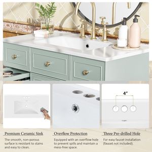 Mobile Bagno in Legno Massello Verde da 36 Pollici con Lavabo in Ceramica, Ante con Chiusura Ammortizzata, Ripiani Regolabili e 3 Cassetti (tra cui 2 Doppi) - Product Image 6