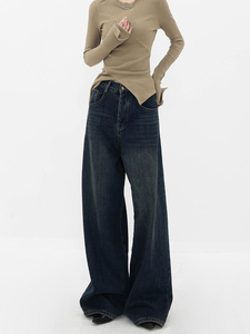 Pantalones vaqueros de mujer de cintura alta, pierna ancha, lavado oscuro, largos, holgados, casuales, de otoño, con diseño de paneles de algodón - Product Image 4