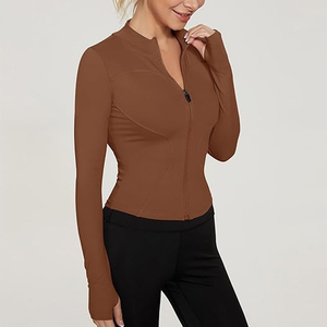 Women Full-Zip Long Sleeve Yoga Top Solid Colour Breathable Stretch Activewear Skinny Fit Gym Training Shirt - Product Image 3
