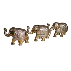 Brass Metal Elephant With Trunk Facing Upwards Collectible Figurine For Home Office Restaurant Desk Decoration