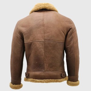 Men’s Vintage Brown Shearling Leather Bomber Jacket with Fur Collar, Zip Closure and Adjustable Waist <b>Tabs</b> - Product Image 2