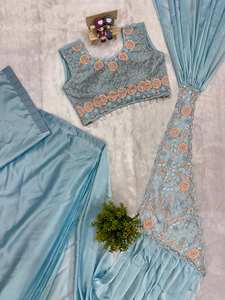 Sari en soie Rangoli bleu ciel élégant prêt à porter avec broderie et travail de perles semi-émaillées |   Chemise de créateur entièrement cousue - Product Image 4