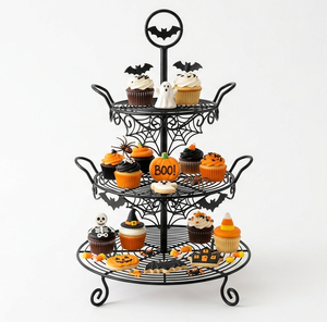 Soporte de Pastel de 3 Niveles de Hierro Negro con Diseño de Telaraña y Murciélagos para Halloween, Exhibidor de Postres, Decoración para el Hogar - Product Image 1