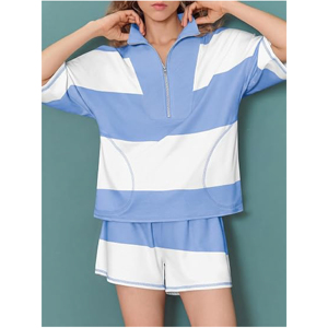 Wholesale Summer Casual Leisure Wear Women Color Block Striped Half Zip <b>Sweatshirt</b> Matching Shorts Two Piece Tracksuit Set - Product Image 5