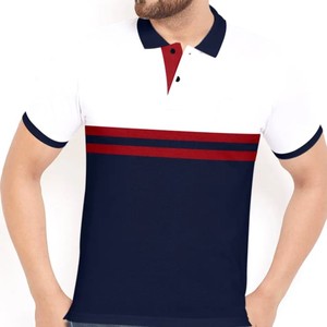 Polo à manches courtes pour homme, design décontracté à rayures colorées, tricoté, bleu marine, rouge, blanc, col écologique - Product Image 1